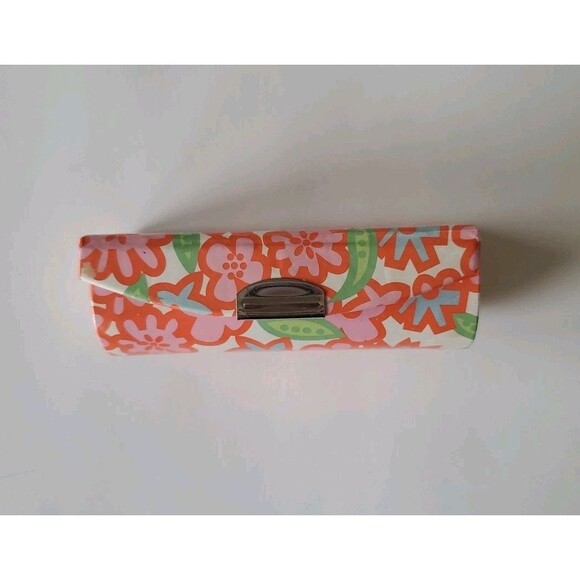 Clinique Vintage Orange Blue Floral Lipstick Snap Closure Case Mirror Inside - Picture 3 of 9